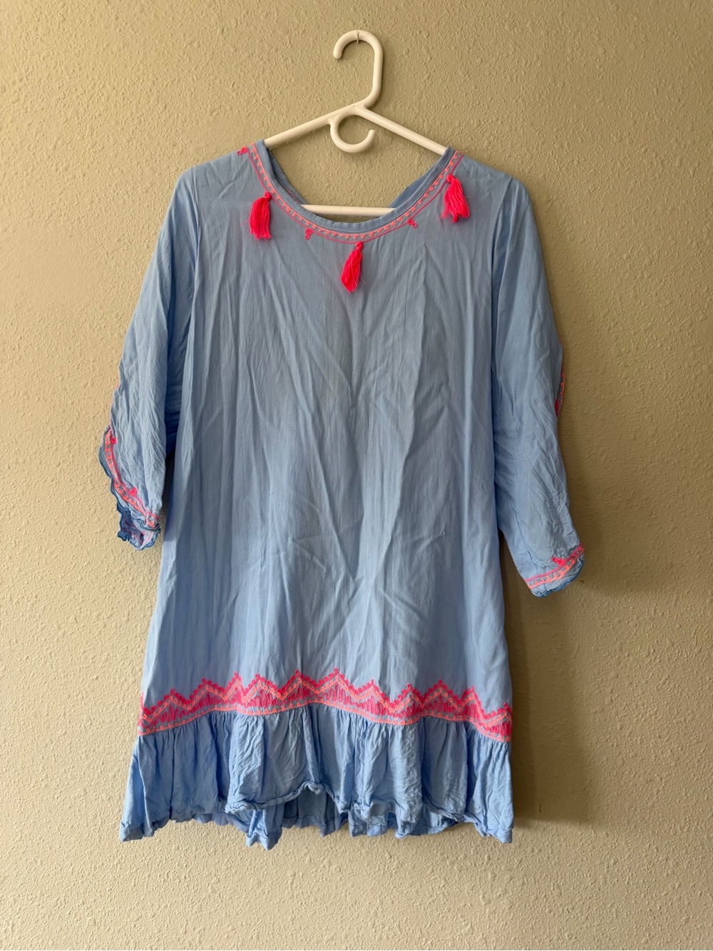 Women’s Light Blue Dress Cover Up with Pink Tassel Trim